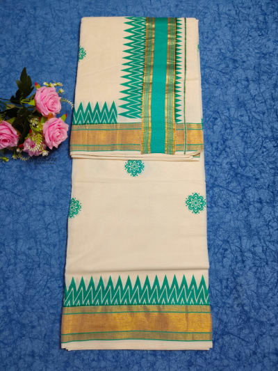 Cotton Temple Design Printed Kerala Saree - SK103