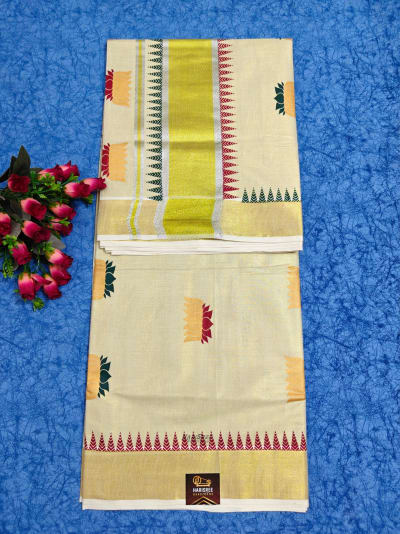 Tissue Lotus Printed Kerala Saree - KT101