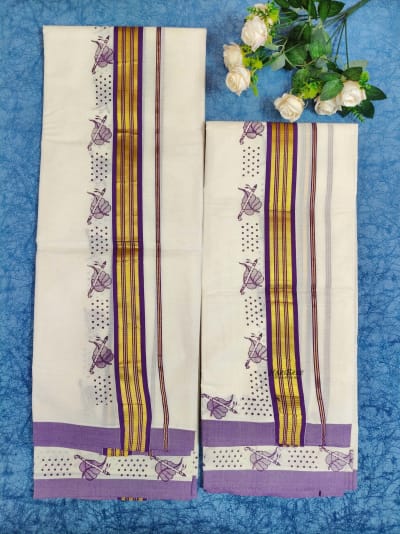 kerala traditional kerala Purple Color printed  Set mundu - HS2006