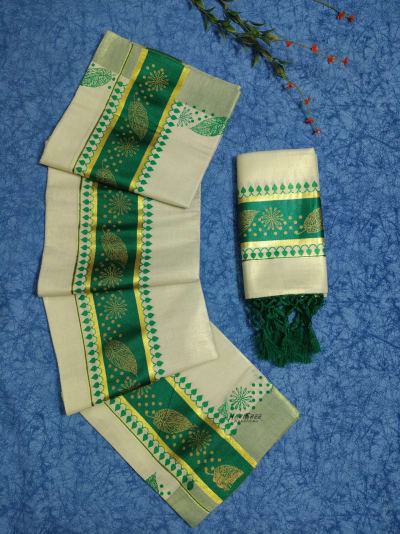 Tissue Green Colour Set Mundu Flower Design Printed With Kunjalam - HS2014