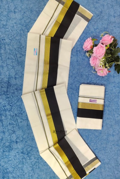 Pure Cotton 2x3 Black Color & Kasavu Fancy Set Mundu - PMH108