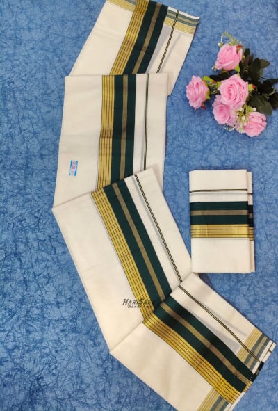 Pure Cotton 2x3 Dark Green Color & Kasavu Fancy Set Mundu - PMH110