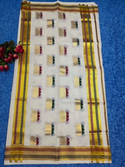 Pure Cotton Lotus Desigin Jacquard Set Saree - HT108