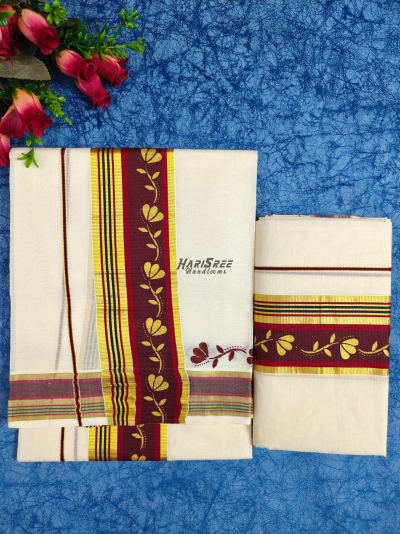 Kerala Set Mundu – Maroon Gold Border  Gold Leaf Design - HS2032