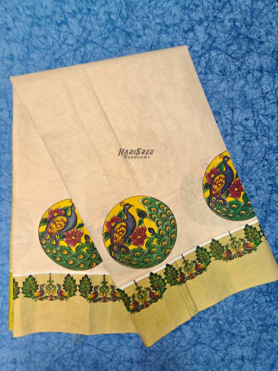 Traditional Kerala Saree with Peacock Print Border | Tissue Kasavu Saree - PR101