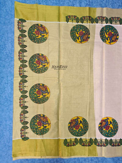 Traditional Kerala Saree with Peacock Print Border | Tissue Kasavu Saree - PR101
