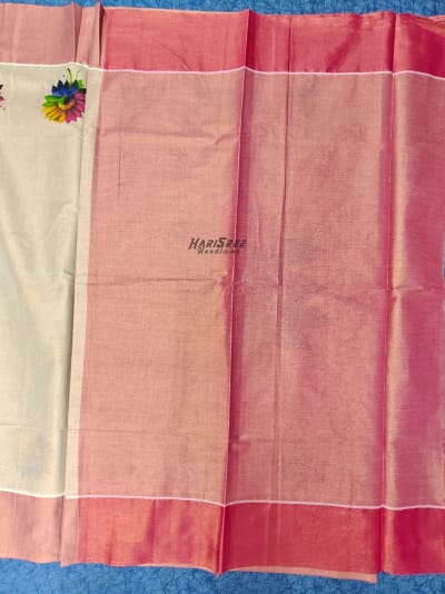 Traditional Kerala Saree with Pink Border & Floral Motif | Tissue Kasavu Saree - PR102