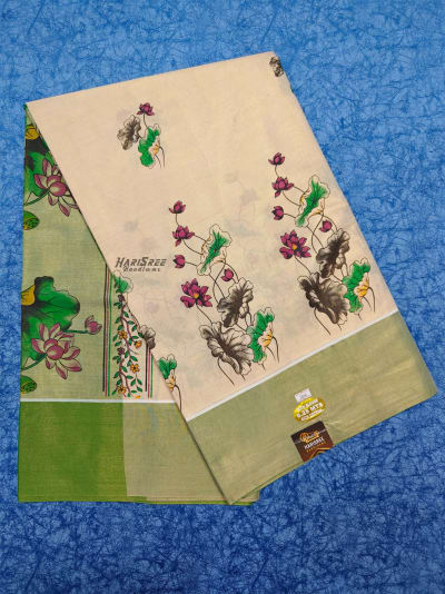Kerala Kasavu Saree with Green Border & Lotus Print | Tissue Kasavu Saree - PR103