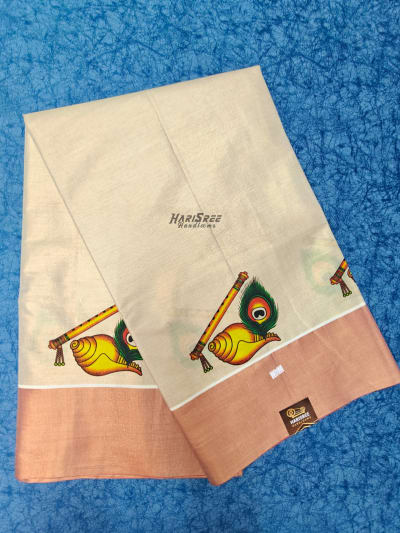 Kerala Kasavu Saree with Peach Border & Shankh Flute Motif Tissue Saree - PR104