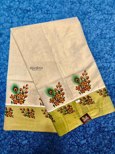 Vishu Special Kerala Kasavu Saree with Green Border Floral Art - PR107
