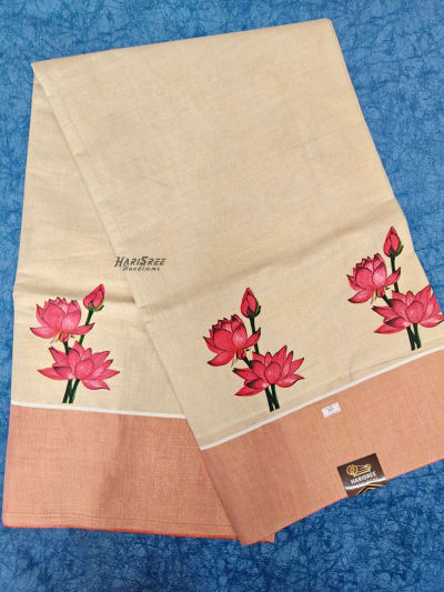 Traditional Kerala Golden Kasavu Tissue Saree with Lotus Design - PR108