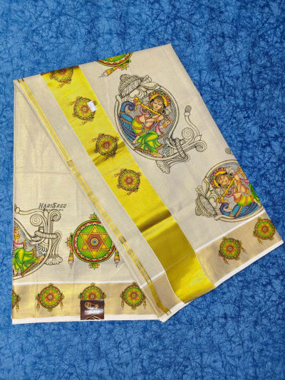 Kerala Kasavu Saree with Krishna Mural Design – Traditional Handloom Saree -