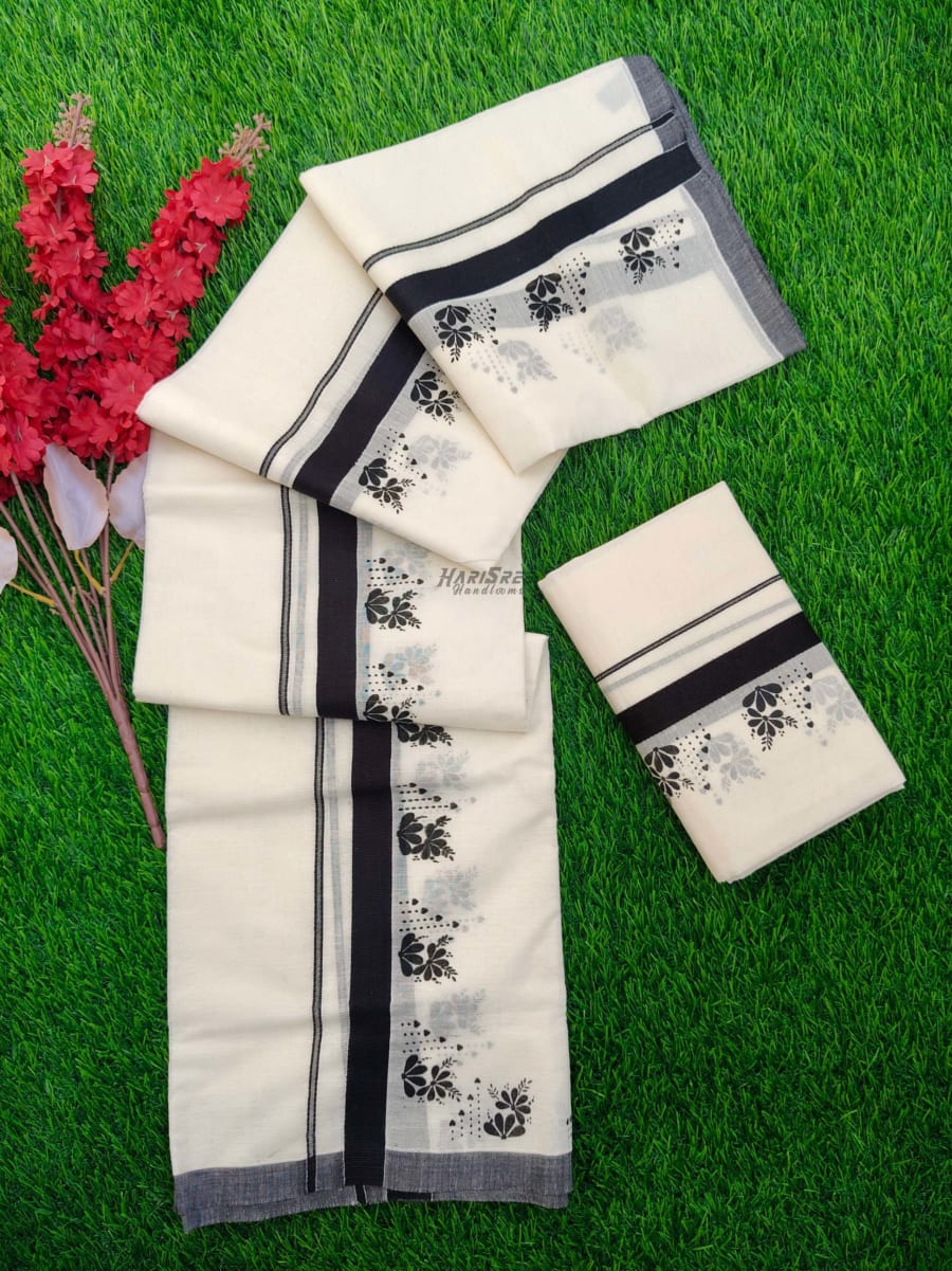 Flower Design Cotton Set Mundu | Black Colour - HS2002 - Image 2