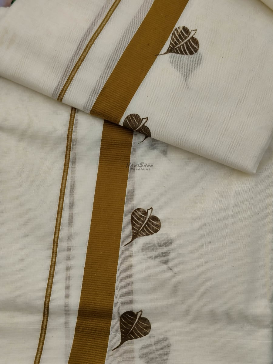 Baniyan Tree Leaf Desigin Cotton Set Mundu - HS2003 - Image 2