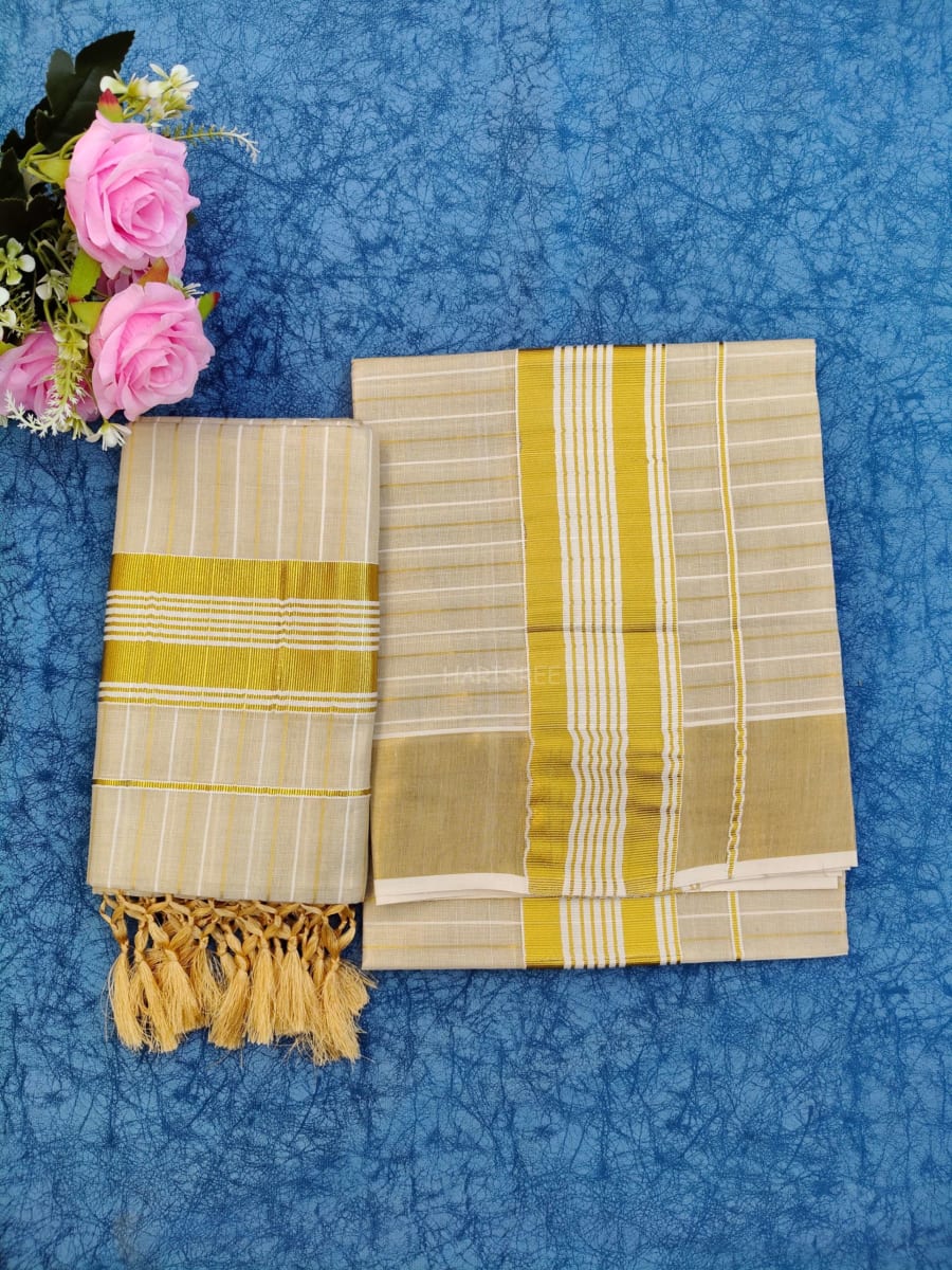 Stripes Tissue Kasavu Set Mundu - SK101 - Image 1