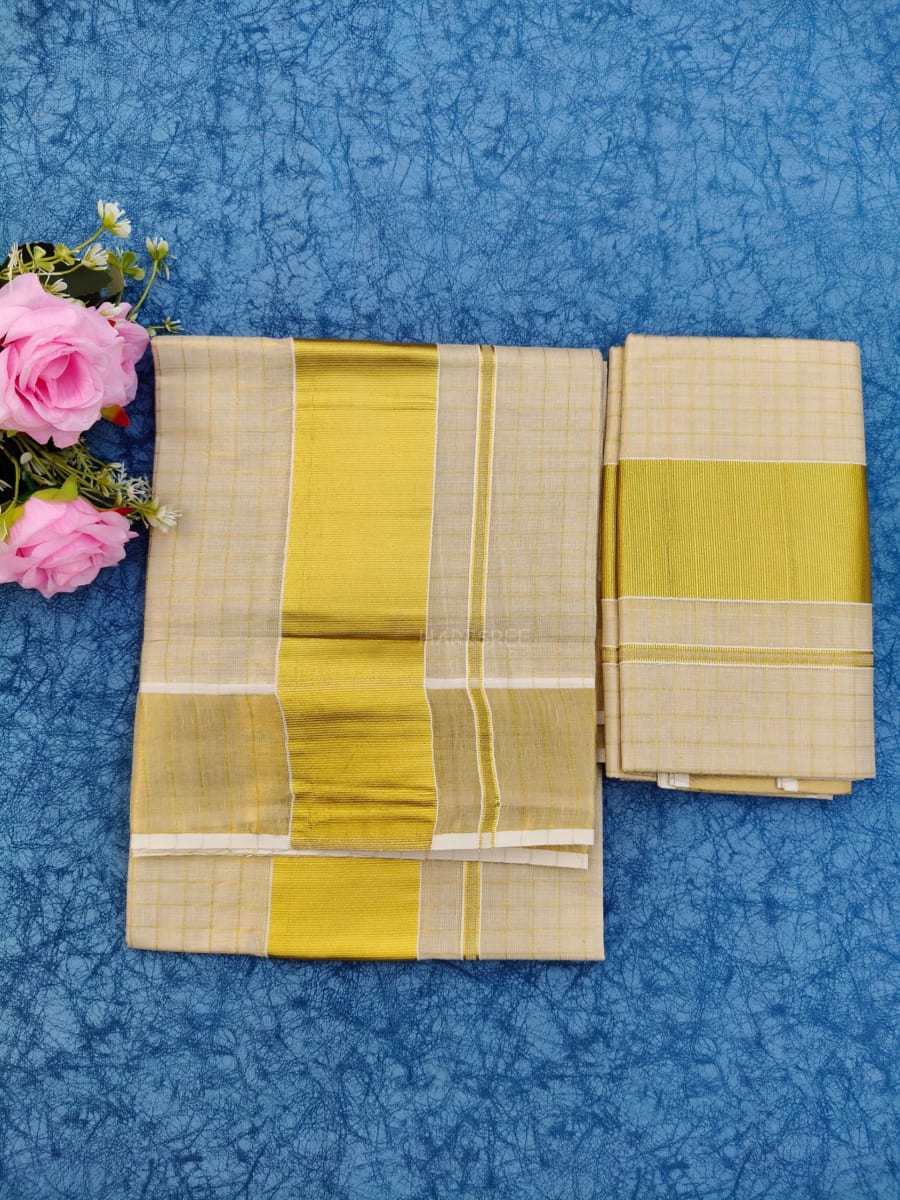 Check Tissue Kasavu Set Mundu - Image 1