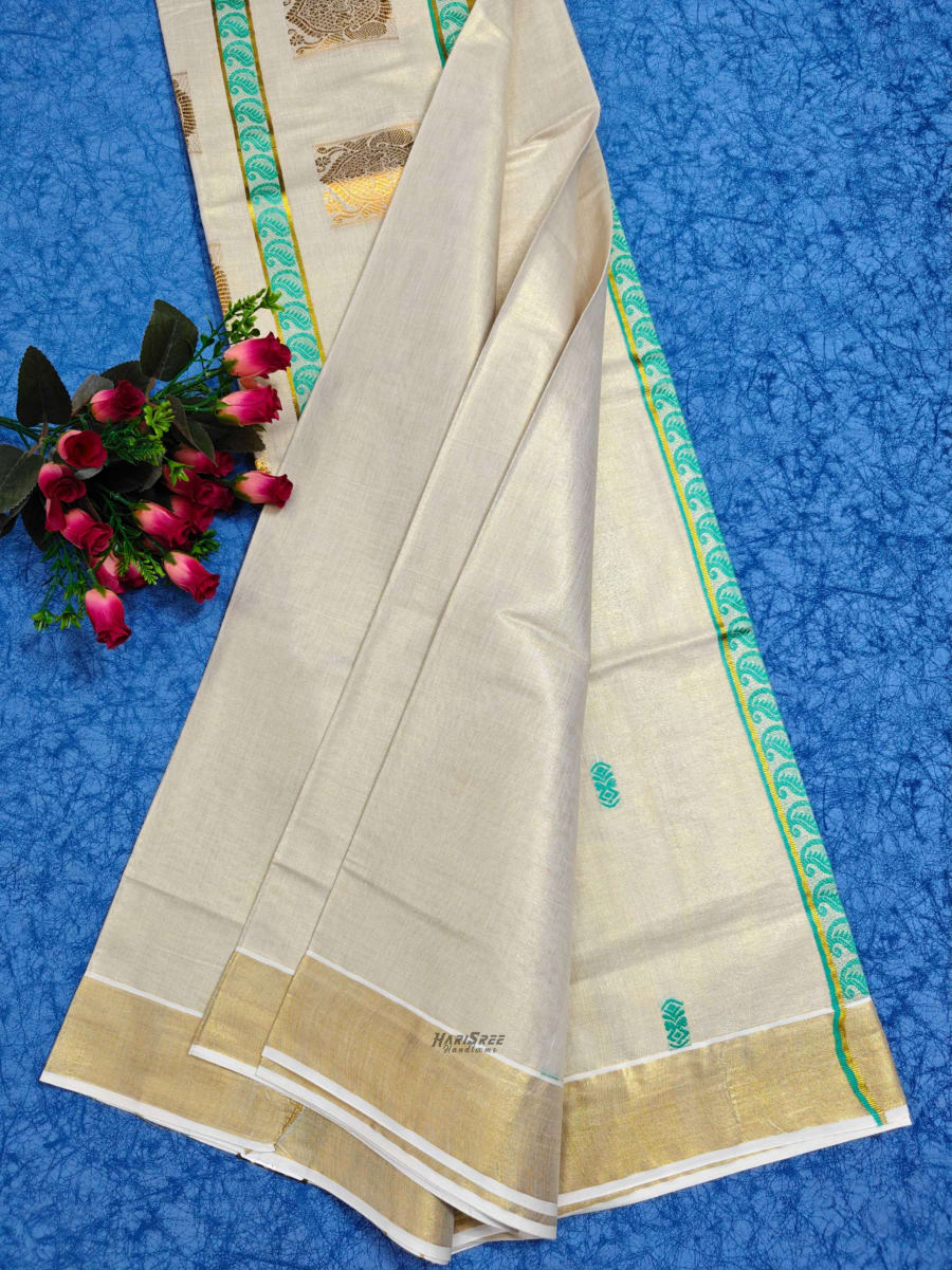Tissue peacock blue Colour Jacquard Set Saree - HT102 - Image 4