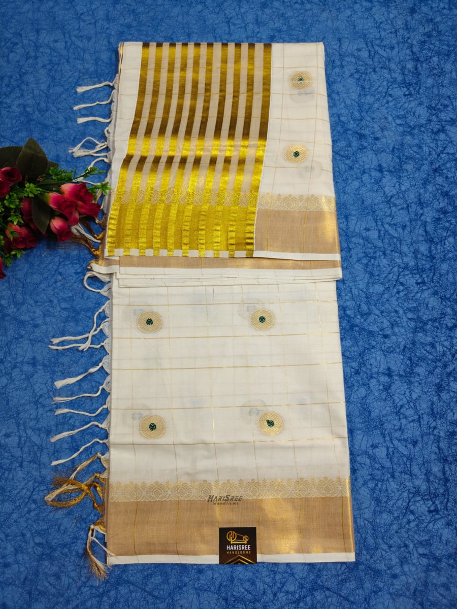 Cotton Checked Jacquard Desigin Kerala Saree | Green Colour Dot - HT104 - Image 1