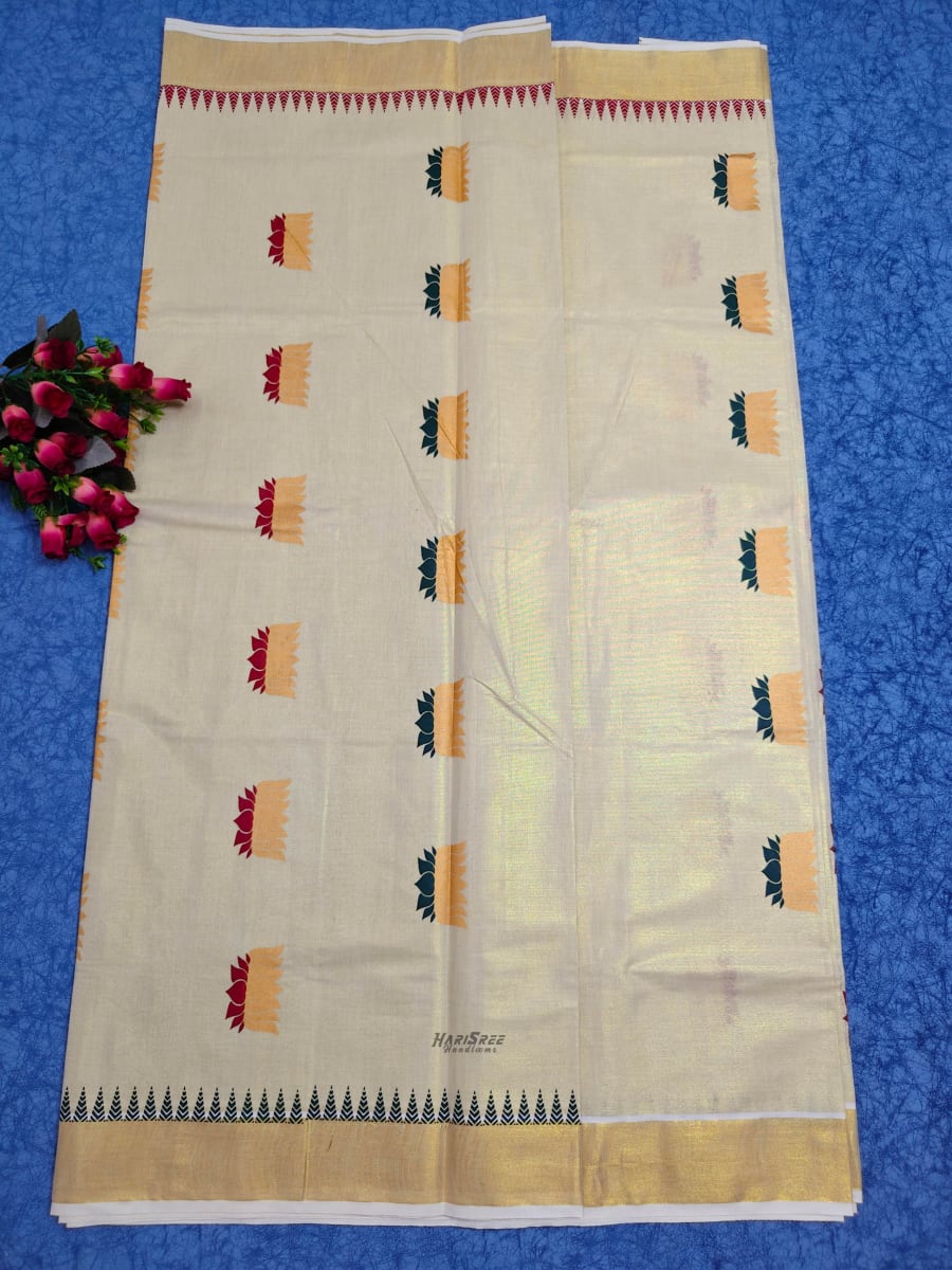 Tissue Lotus Printed Kerala Saree - KT101 - Image 4