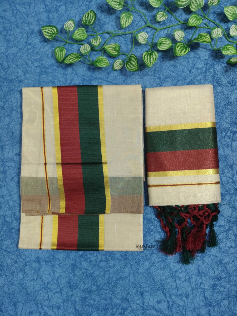 Tissue Double Colour Set Mundu With Kunjalam - KMT102 - Image 2