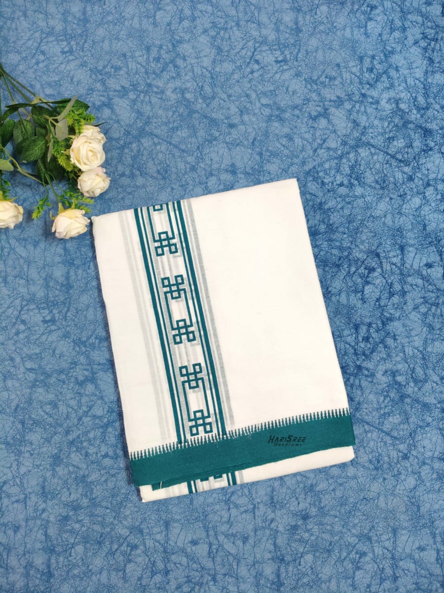 Cotton Single Mundu Peacock Blue Colour Printed Desigin - HS6003 - Image 1