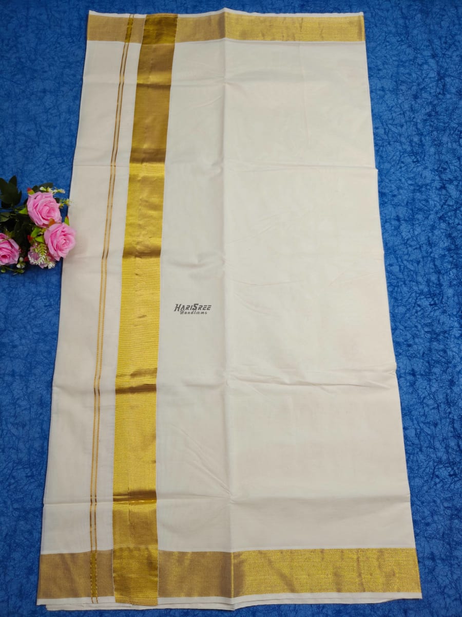 Pure Cotton 3 inch Gold Kasavu Set Saree - PMH102 - Image 2