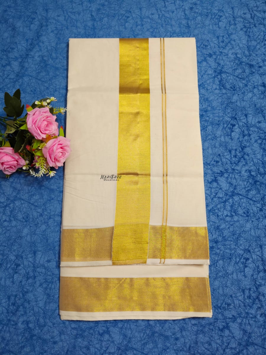 Pure Cotton 3 inch Gold Kasavu Set Saree - PMH102 - Image 3
