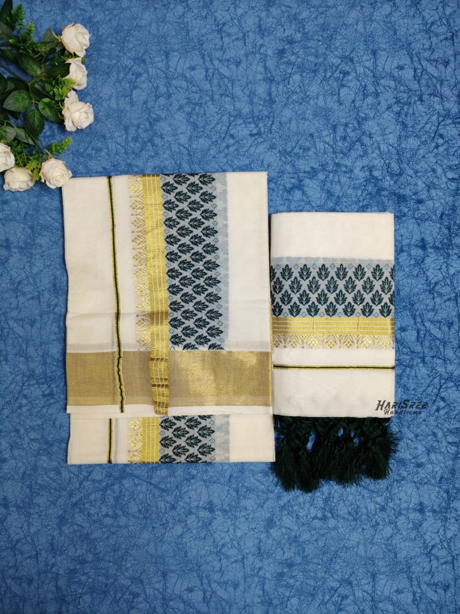Pure Cotton Jacquard Set Mundu - Sk104 - Image 1