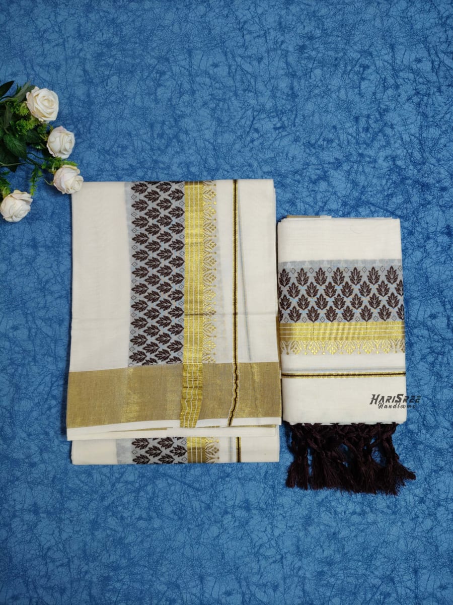 Pure Cotton Jacquard Set Mundu - Sk104 - Image 2