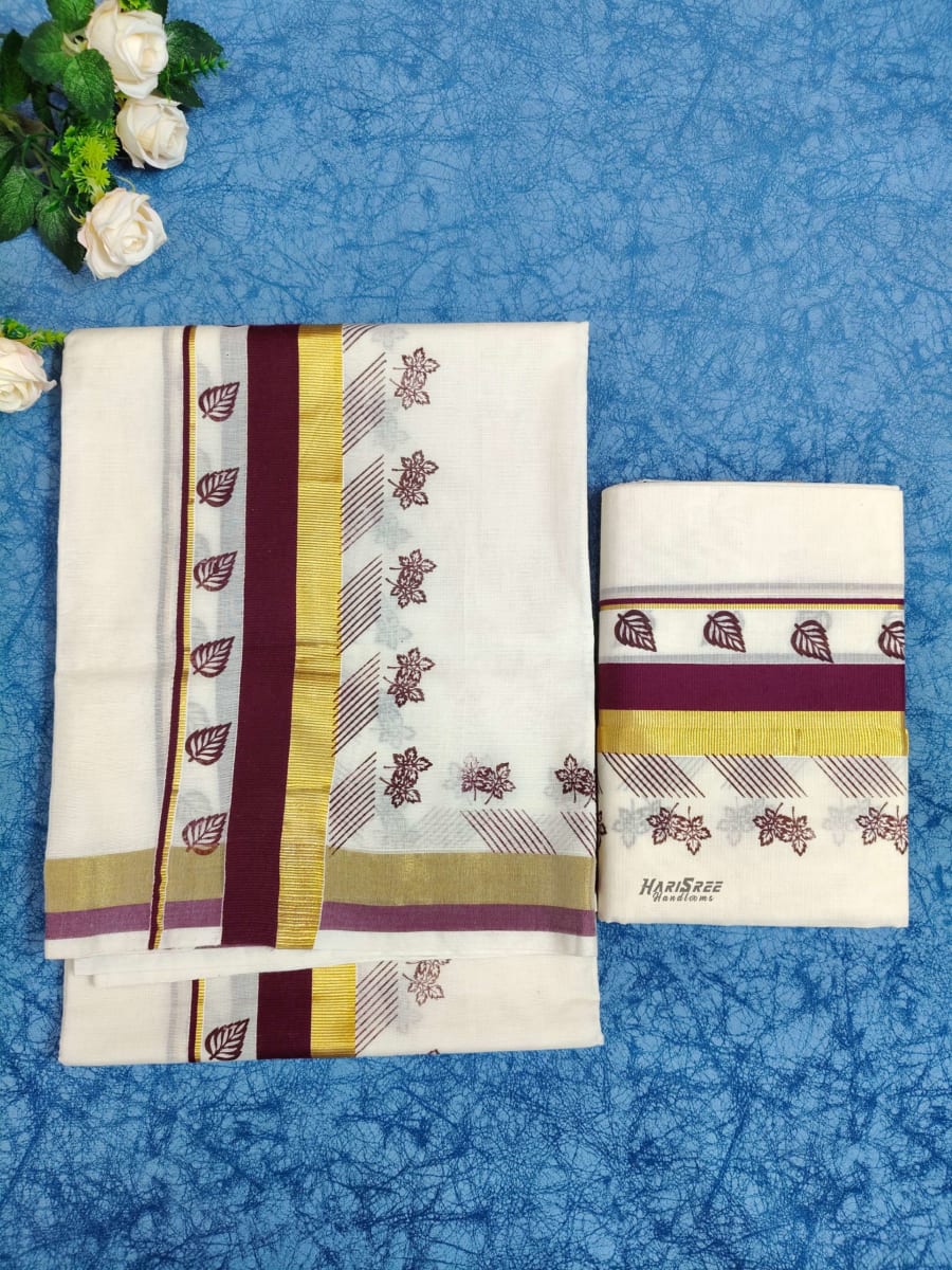 2inch Color & Kasavu printed Set Mundu - HS2005 - Image 1