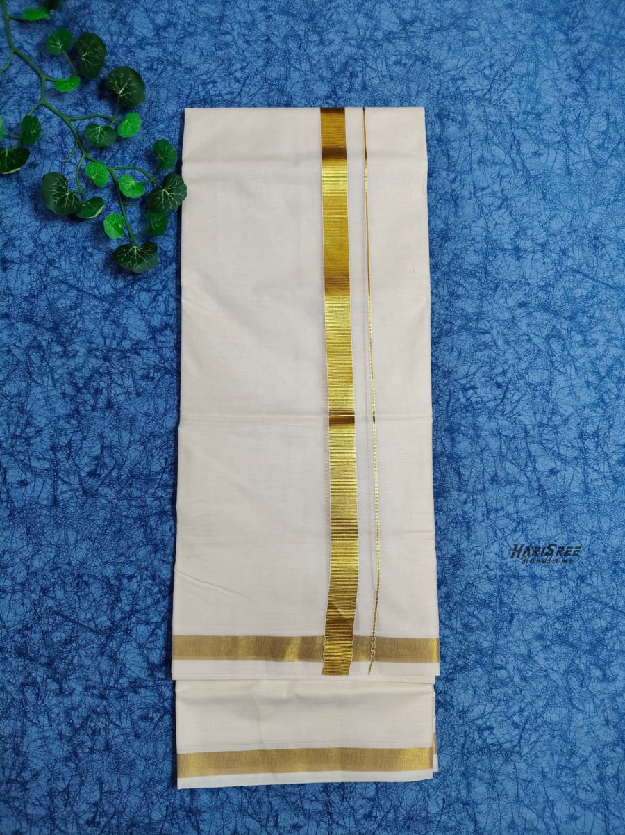 Cotton 1 inch Golden Kasavu Double Mundu - VK102 - Image 2