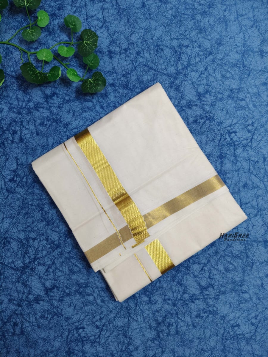 Cotton 1 inch Golden Kasavu Double Mundu - VK102 - Image 4