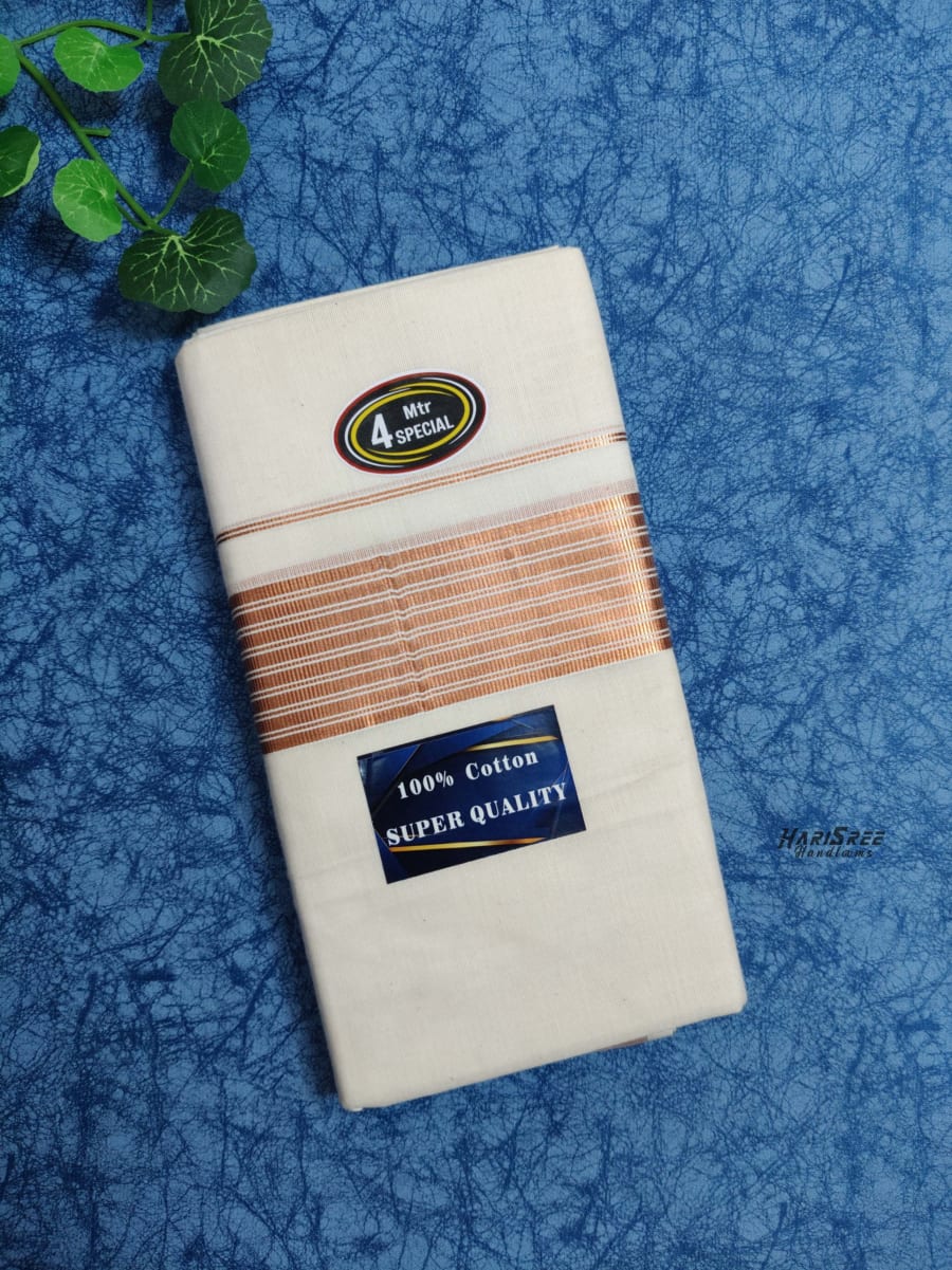 Pure Cotton 2 inch Copper Kasavu Fancy Double Mundu - VK106 - Image 1