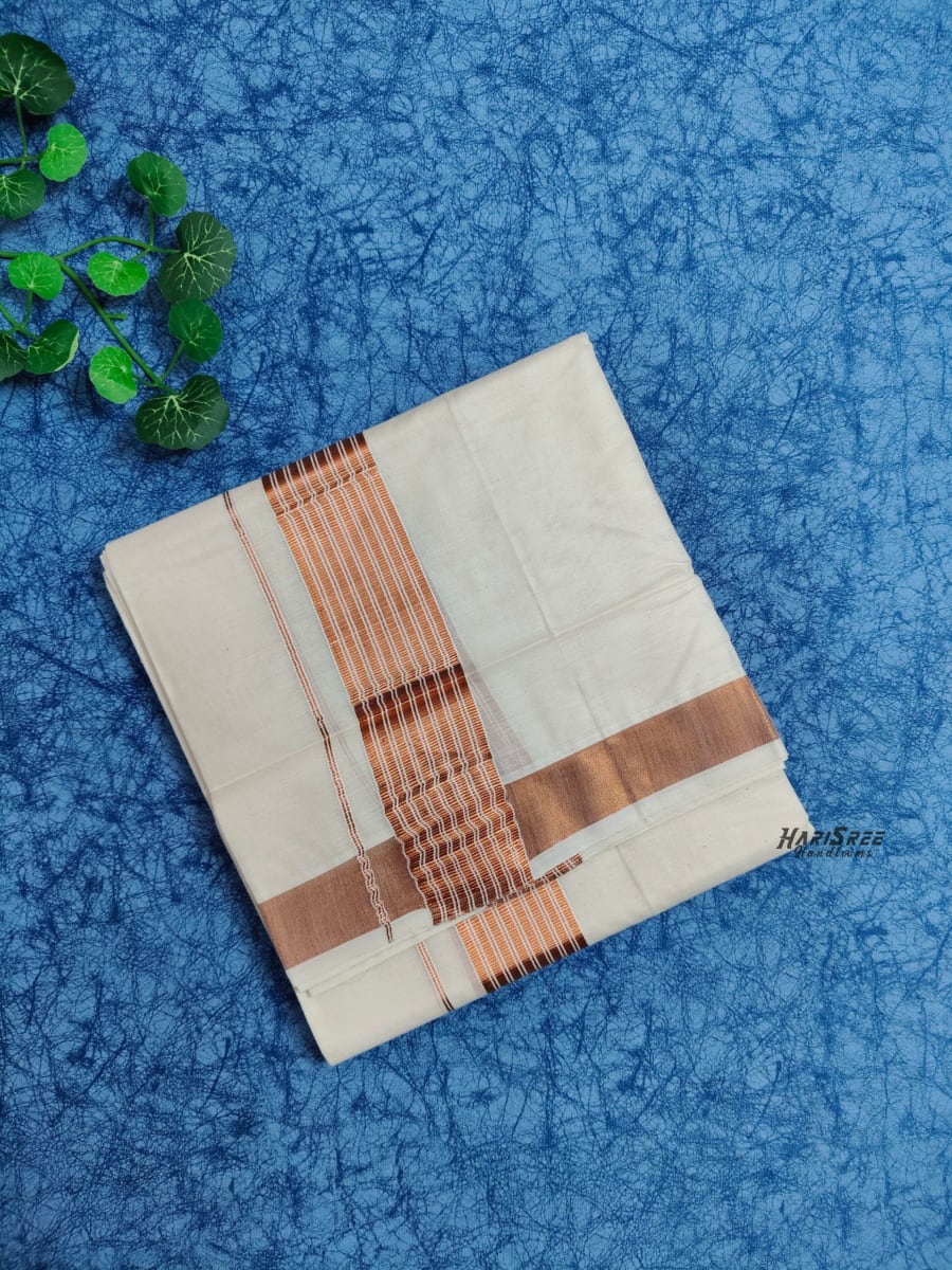Pure Cotton 2 inch Copper Kasavu Fancy Double Mundu - VK106 - Image 2
