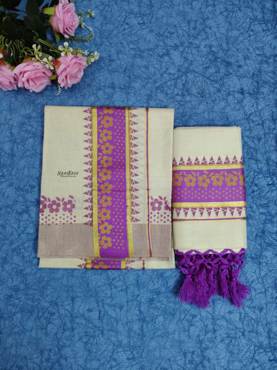 Tissue Purple Colour Set Mundu Flower Design Printed With Kunjalam - HS2008 - Image 1