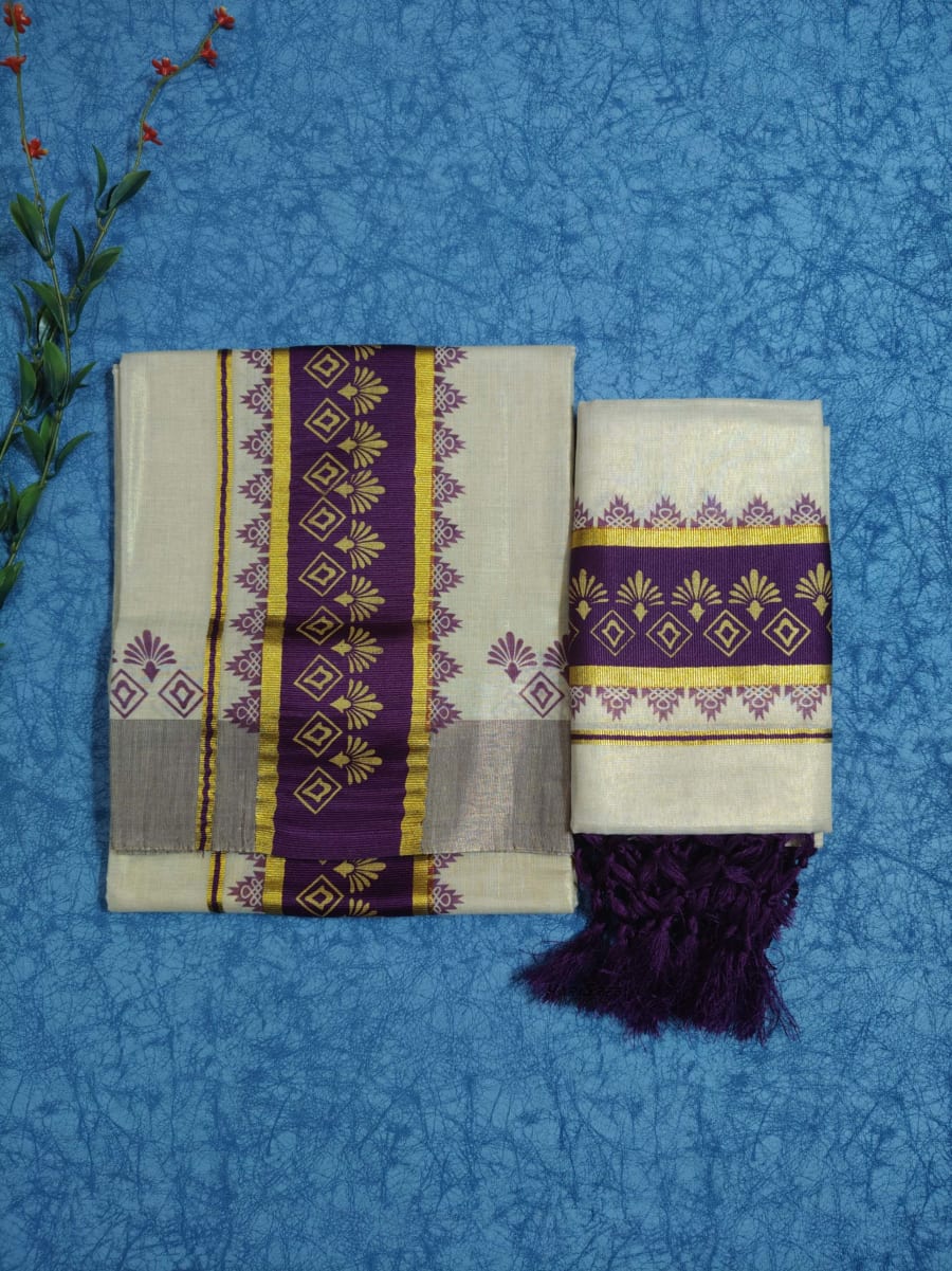 Tissue Dark Purple Colour Set Mundu Flower Design Printed With Kunjalam - HS2012 - Image 1