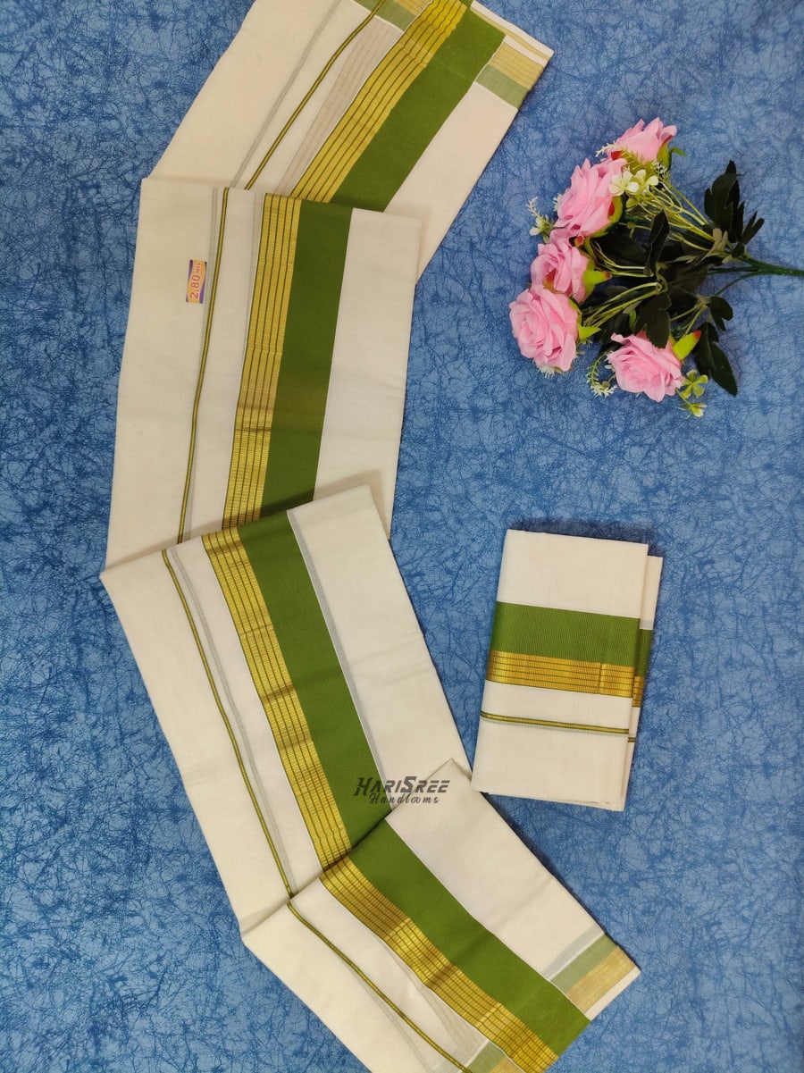 Pure Cotton 2x3 Light Green Color & Kasavu Fancy Set Mundu - PMH109 - Image 3