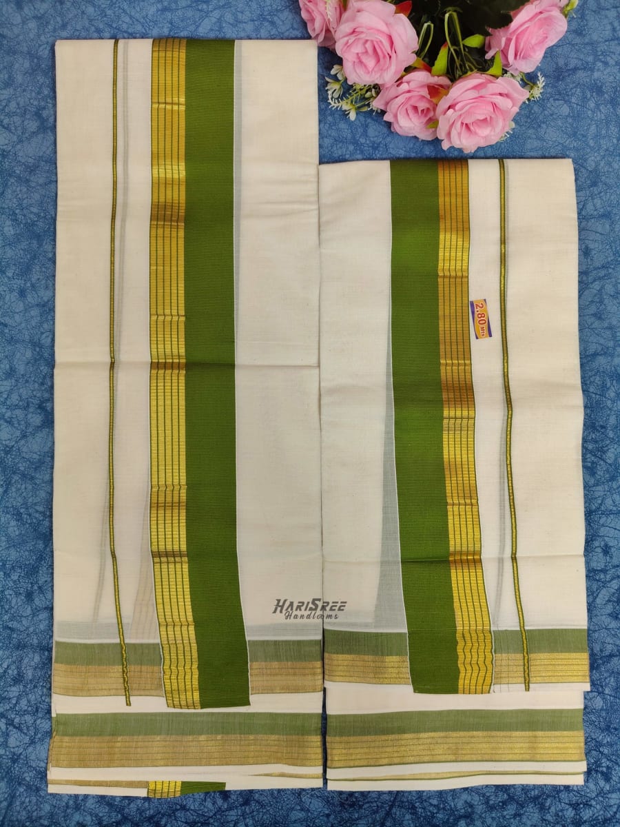 Pure Cotton 2x3 Light Green Color & Kasavu Fancy Set Mundu - PMH109 - Image 2