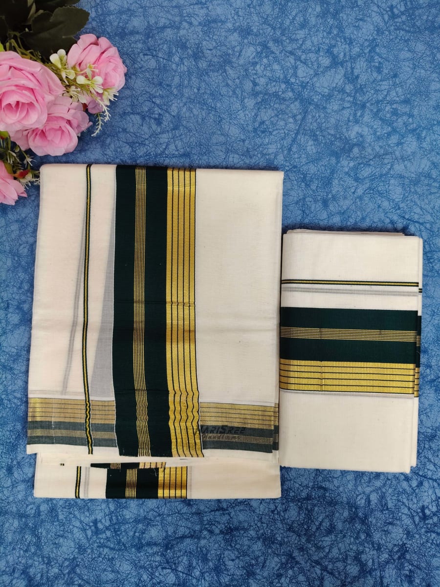 Pure Cotton 2x3 Dark Green Color & Kasavu Fancy Set Mundu - PMH110 - Image 2