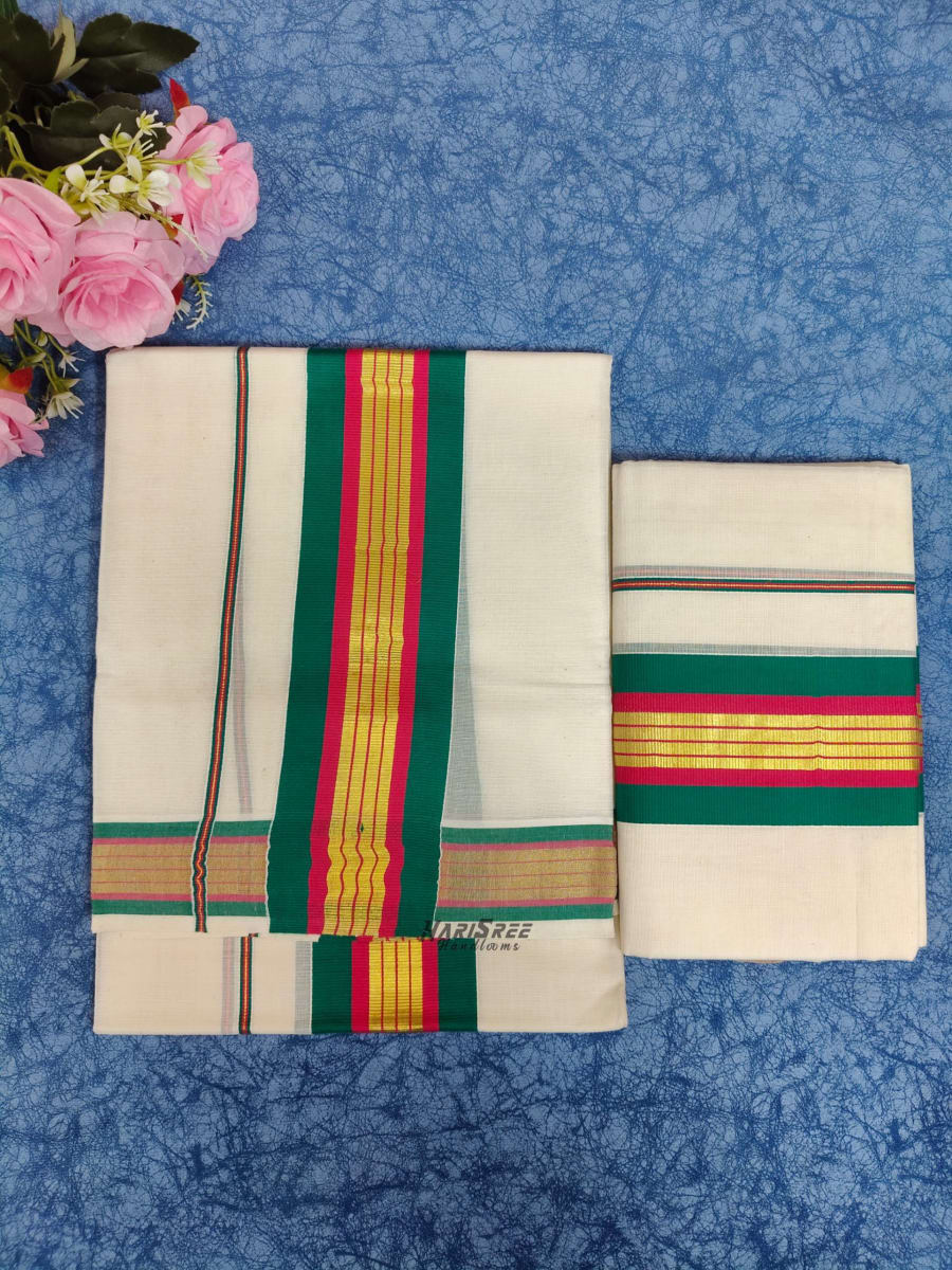 Pure Cotton 2x3 Green, Chilly Red Kasavu Strips Kara Set Mundu - PMH113 - Image 2