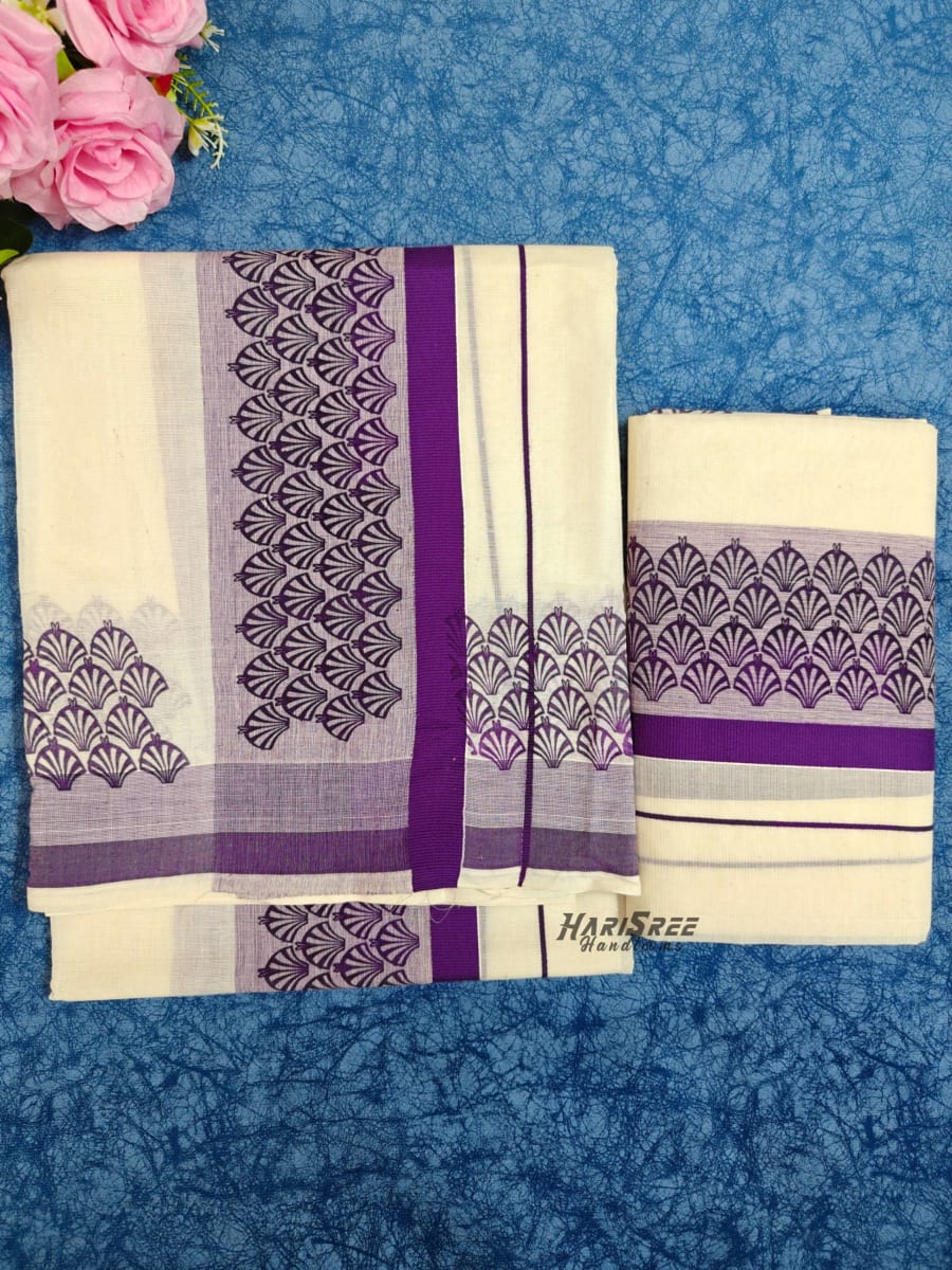 Pure Cotton Big Boder Dark Purple Color Printed Set Mundu - HS2018 - Image 1