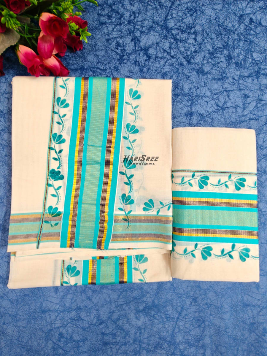 Kerala Set Mundu with Teal & Gold Kasavu Border  Floral Design - HS2022 - Image 1