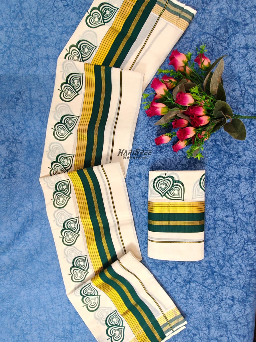 Kerala Set Mundu with Green & Gold Kasavu Border  Heart Motif Design- HS2024 - Image 1