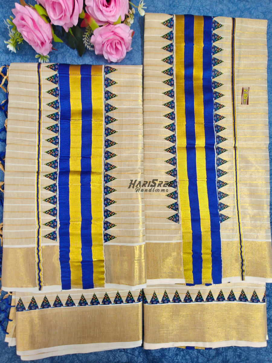 Kerala Tissue Set Mundu Royal Blue Border with Gold Kasavu - HS2041 - Image 1