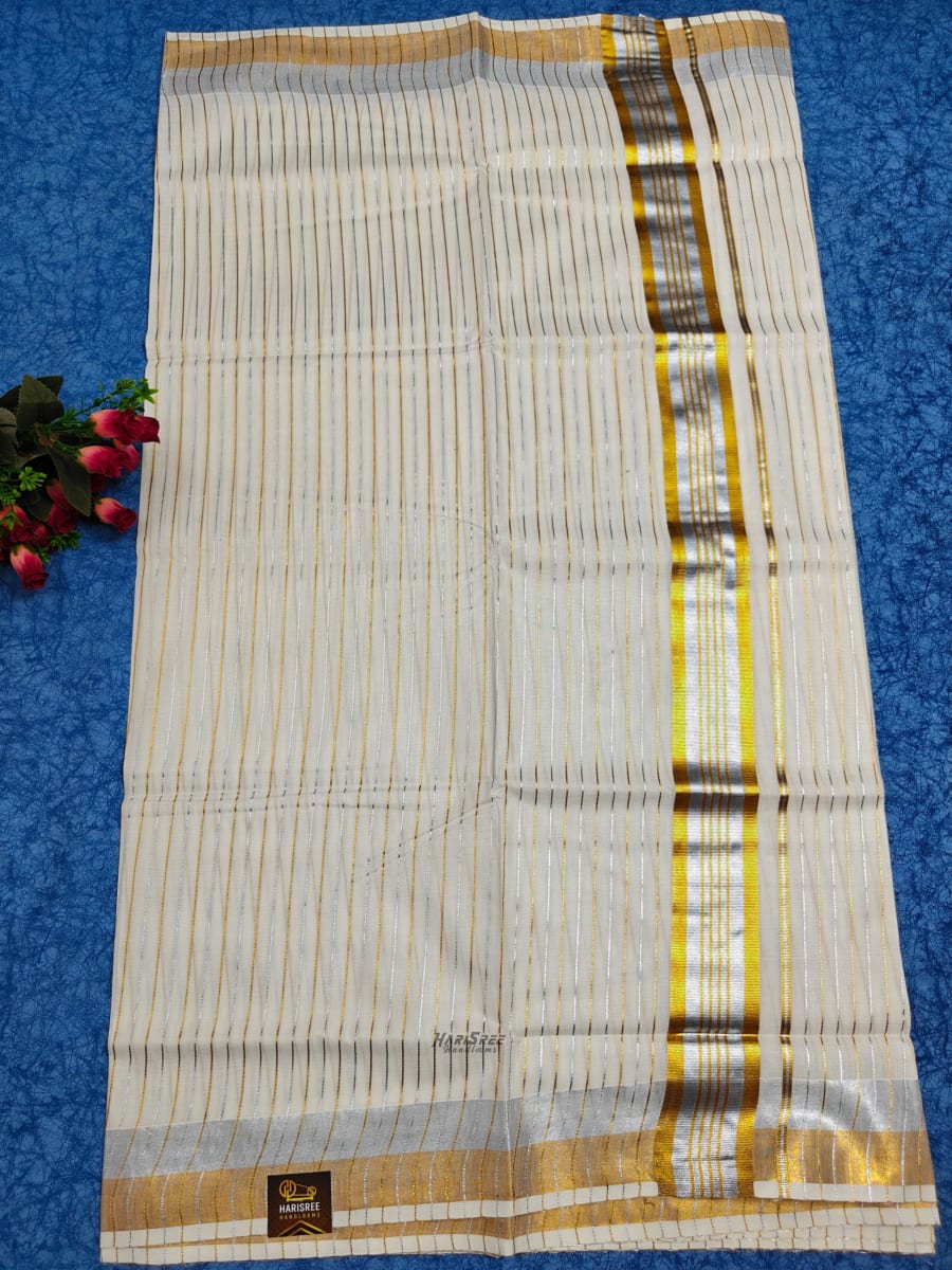 Cotton Gold & Silver Strips kerala Saree - HT107 - Image 3