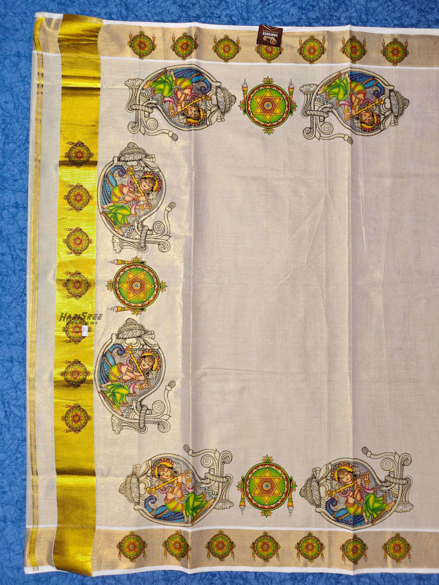 Kerala Kasavu Saree with Krishna Mural Design – Traditional Handloom Saree - - Image 2