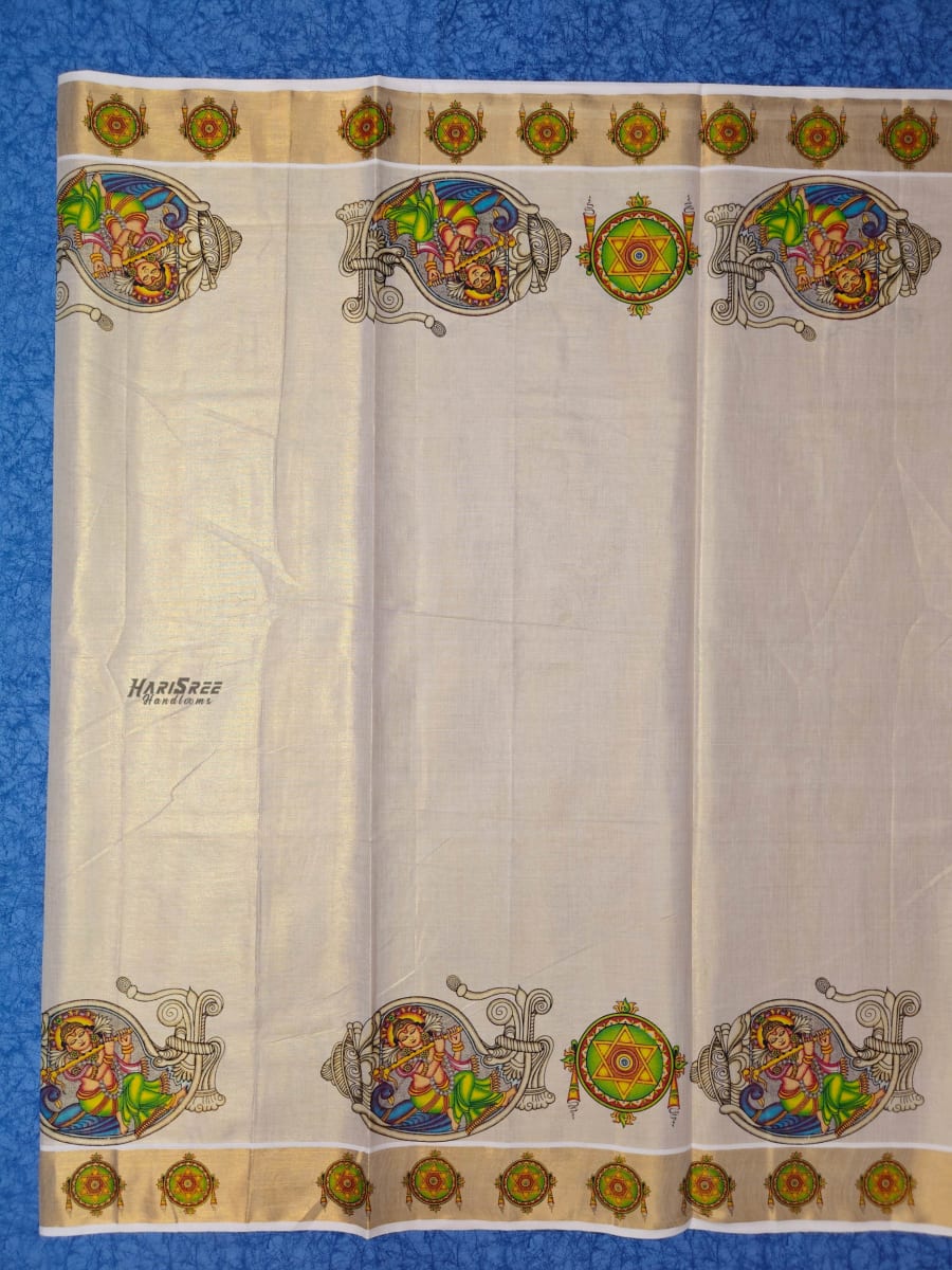 Kerala Kasavu Saree with Krishna Mural Design – Traditional Handloom Saree - - Image 3