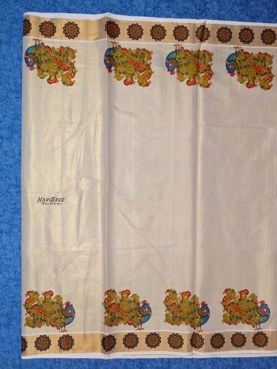 Kerala Kasavu Saree with Peacock Design – Traditional Handloom Saree - TT103 - Image 3