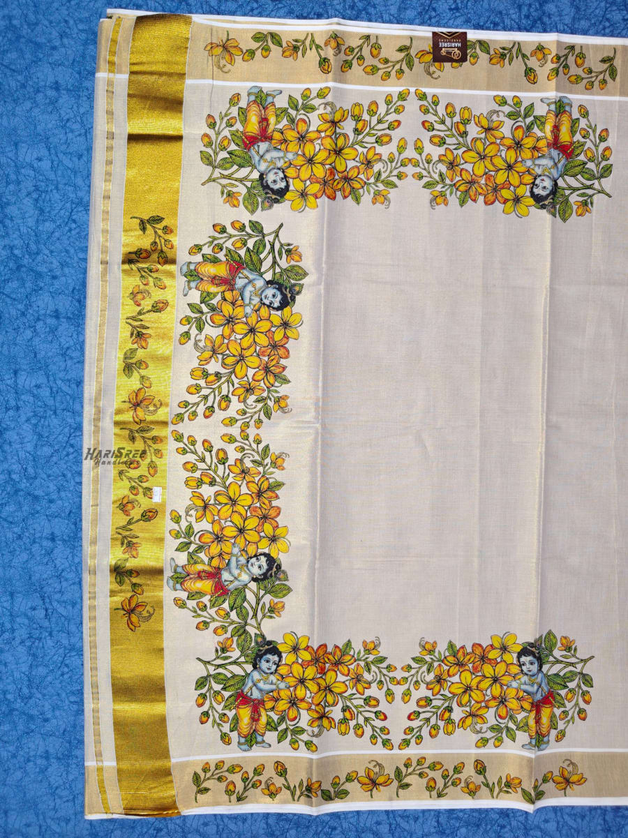 Kerala Kasavu Saree with Krishna Design &amp;amp; Yellow Floral Print - TT104 - Image 2