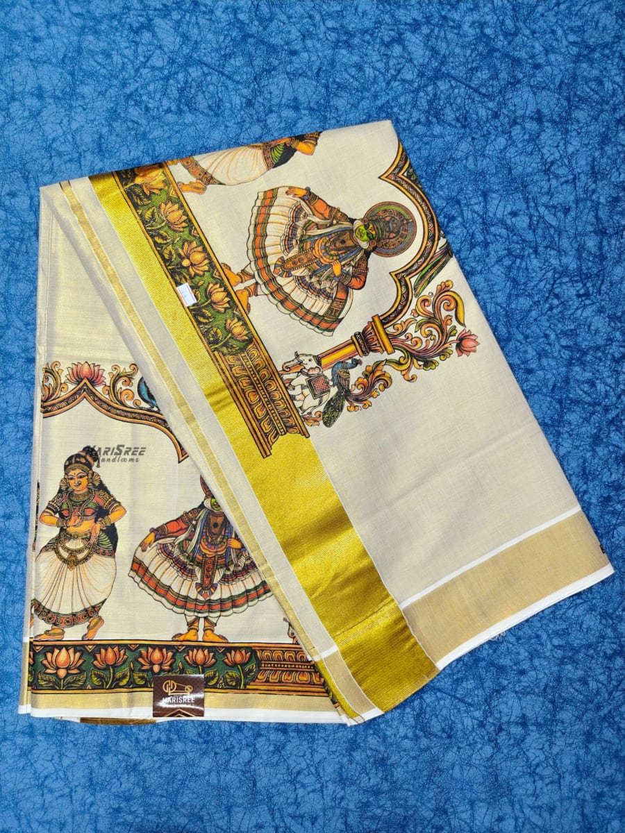 Kerala Kasavu Saree with Kathakali Mural Art &amp; Golden Zari Border - TT107 - Image 1